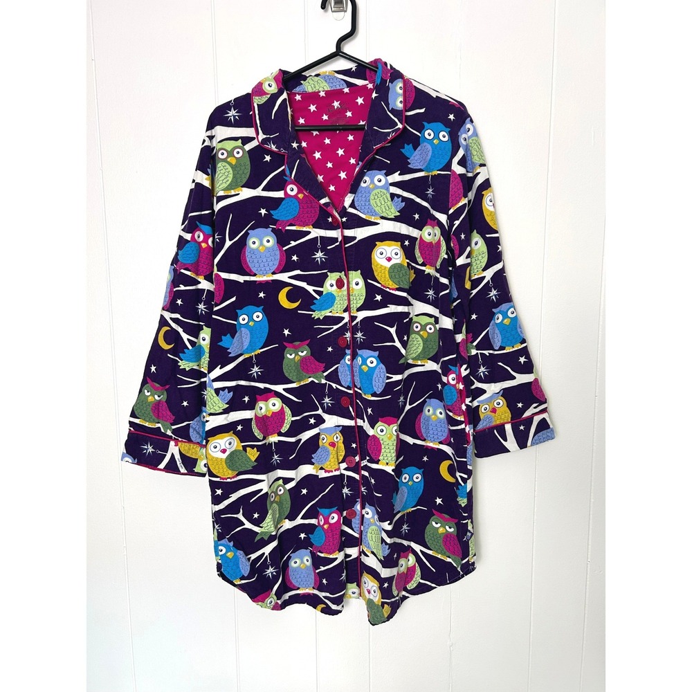 Nick & Nora Nightgown Sleep shirt L Purple Owl Print whimsical kitschy Sleepwear